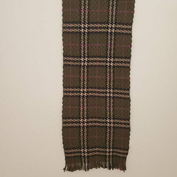 Burberry Olive Green/Magenta Houndstooth Plaid Check Merino Wool Cashmere Shawl - Picture 4 of 6